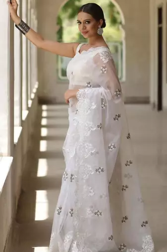 White Color Embroidered Organza Silk Saree