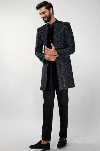 men velvet embroidered indo-western kurta set with black cotton lycra pant  wedding & festive wear
