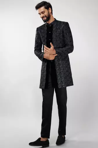 men velvet embroidered indo-western kurta set with black cotton lycra pant  wedding & festive wear
