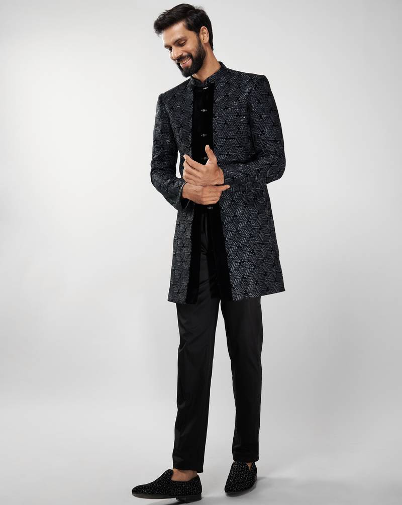 men velvet embroidered indo-western kurta set with black cotton lycra pant  wedding & festive wear