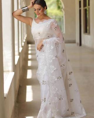 White Color Embroidered Organza Silk Saree 3