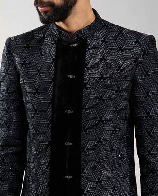 men velvet embroidered indo-western kurta set with black cotton lycra pant  wedding & festive wear 2