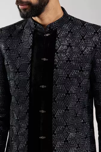 men velvet embroidered indo-western kurta set with black cotton lycra pant  wedding & festive wear