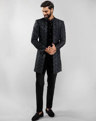 men velvet embroidered indo-western kurta set with black cotton lycra pant  wedding & festive wear 3