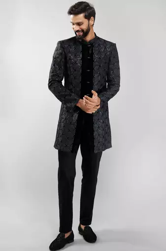 men velvet embroidered indo-western kurta set with black cotton lycra pant  wedding & festive wear