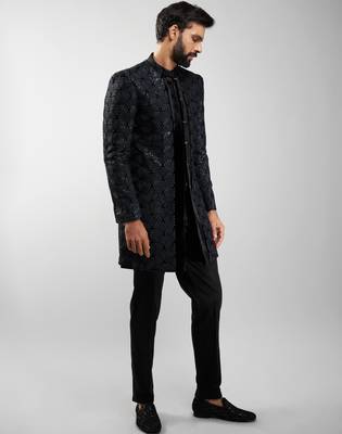 men velvet embroidered indo-western kurta set with black cotton lycra pant  wedding & festive wear 4