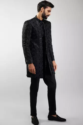 men velvet embroidered indo-western kurta set with black cotton lycra pant  wedding & festive wear