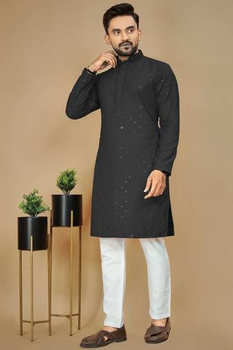 Black embroidered rayon straight kurta