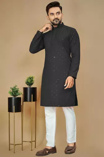Black embroidered rayon straight kurta