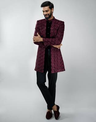 men wine velvet embroidered indo-western kurta set with black cotton lycra pant  wedding & festive wear 1
