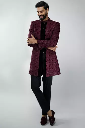 men wine velvet embroidered indo-western kurta set with black cotton lycra pant  wedding & festive wear