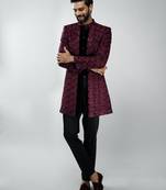 men wine velvet embroidered indo-western kurta set with black cotton lycra pant  wedding & festive wear