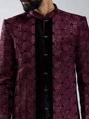 men wine velvet embroidered indo-western kurta set with black cotton lycra pant  wedding & festive wear 2