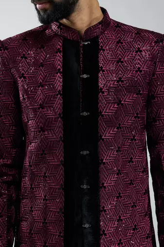 men wine velvet embroidered indo-western kurta set with black cotton lycra pant  wedding & festive wear