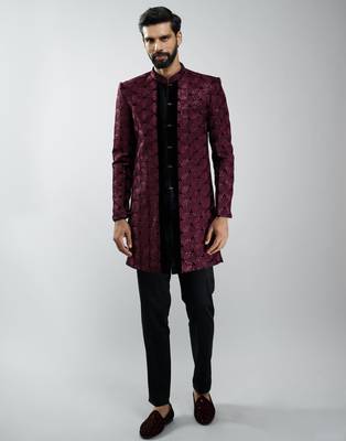 men wine velvet embroidered indo-western kurta set with black cotton lycra pant  wedding & festive wear 3