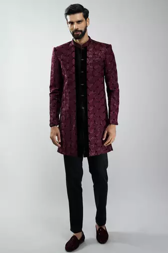 men wine velvet embroidered indo-western kurta set with black cotton lycra pant  wedding & festive wear