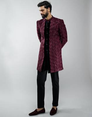 men wine velvet embroidered indo-western kurta set with black cotton lycra pant  wedding & festive wear 4