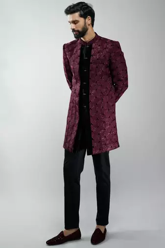 men wine velvet embroidered indo-western kurta set with black cotton lycra pant  wedding & festive wear
