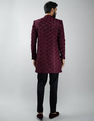 men wine velvet embroidered indo-western kurta set with black cotton lycra pant  wedding & festive wear 5
