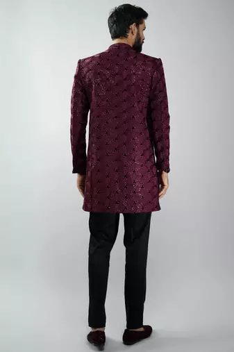 men wine velvet embroidered indo-western kurta set with black cotton lycra pant  wedding & festive wear