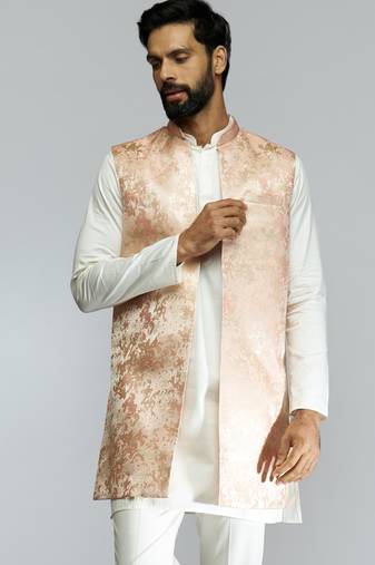 men peach brocade silk nehru jacket  jacquard pattern  tailored fit  wedding & festive wear