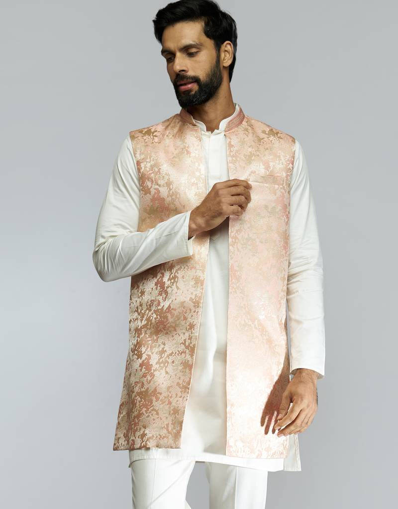 men peach brocade silk nehru jacket  jacquard pattern  tailored fit  wedding & festive wear