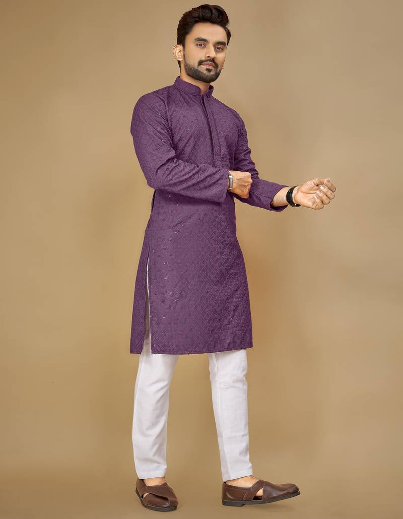 Lavender embroidered rayon straight kurta