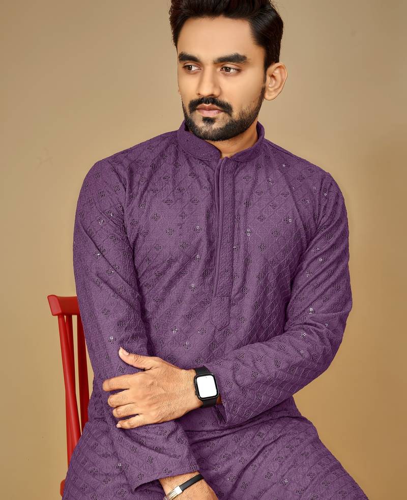 Lavender embroidered rayon straight kurta