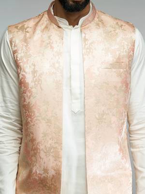 men peach brocade silk nehru jacket  jacquard pattern  tailored fit  wedding & festive wear 2