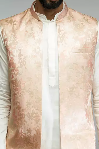 men peach brocade silk nehru jacket  jacquard pattern  tailored fit  wedding & festive wear