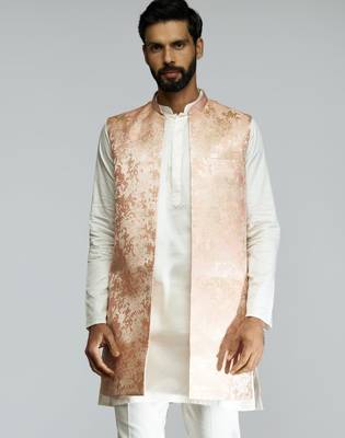 men peach brocade silk nehru jacket  jacquard pattern  tailored fit  wedding & festive wear 3