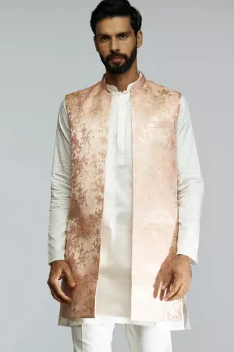men peach brocade silk nehru jacket  jacquard pattern  tailored fit  wedding & festive wear