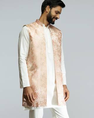men peach brocade silk nehru jacket  jacquard pattern  tailored fit  wedding & festive wear 4