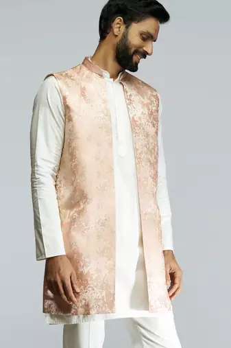 men peach brocade silk nehru jacket  jacquard pattern  tailored fit  wedding & festive wear