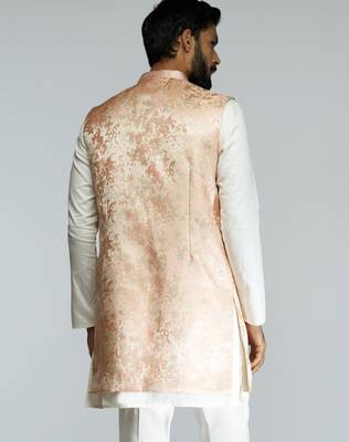 men peach brocade silk nehru jacket  jacquard pattern  tailored fit  wedding & festive wear 5