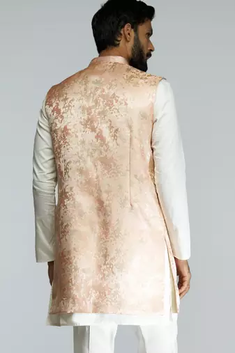 men peach brocade silk nehru jacket  jacquard pattern  tailored fit  wedding & festive wear