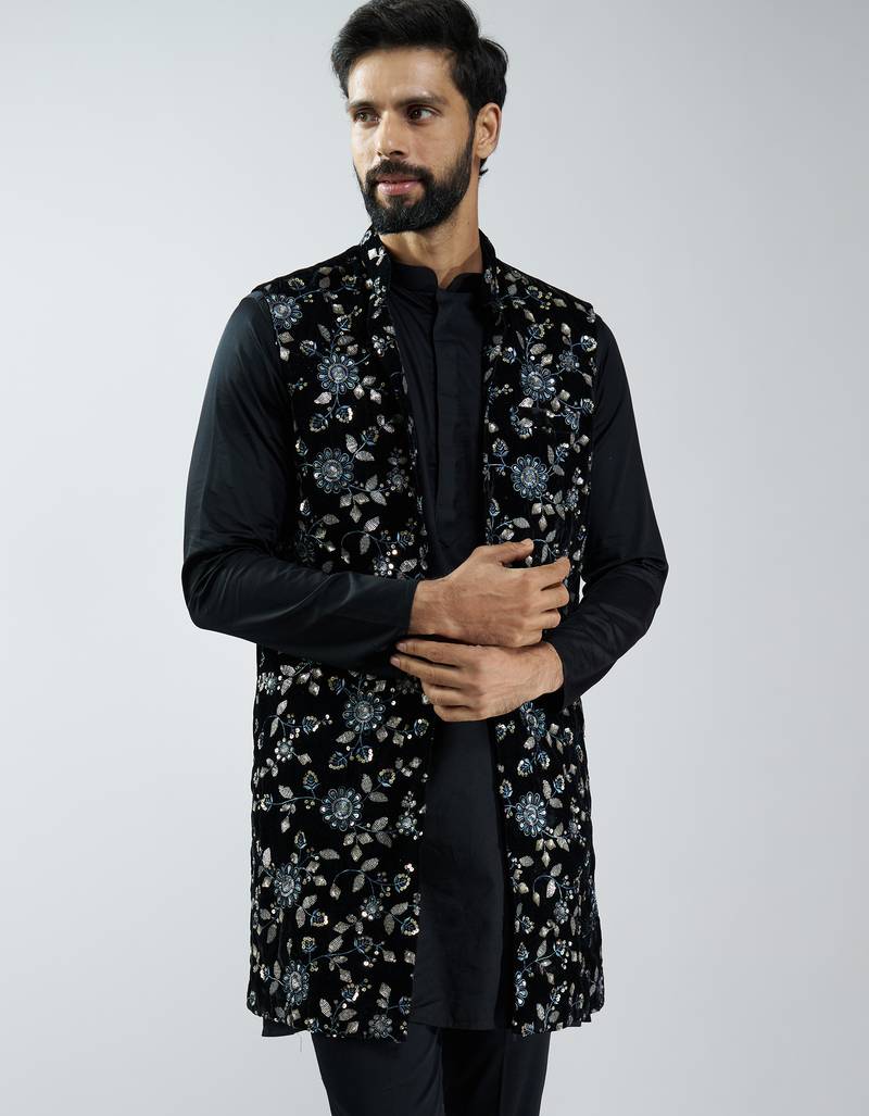 men black velvet embroidered nehru jacket  wedding & festive wear