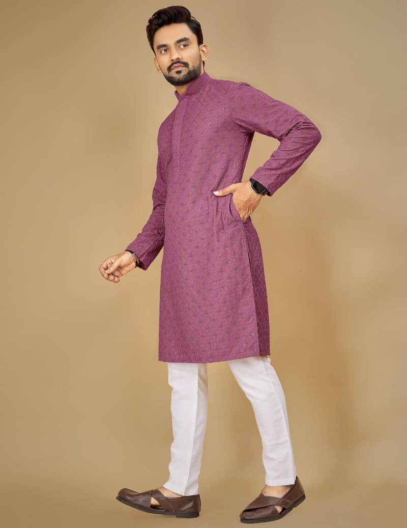 Purple embroidered rayon straight kurta