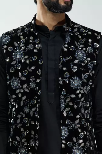 men black velvet embroidered nehru jacket  wedding & festive wear