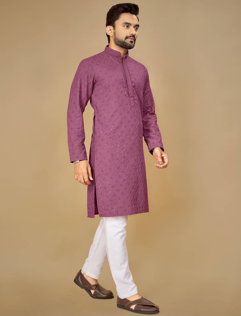 Purple embroidered rayon straight kurta