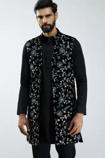 men black velvet embroidered nehru jacket  wedding & festive wear