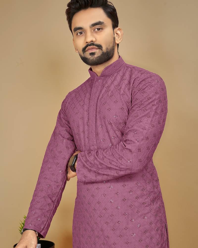 Purple embroidered rayon straight kurta