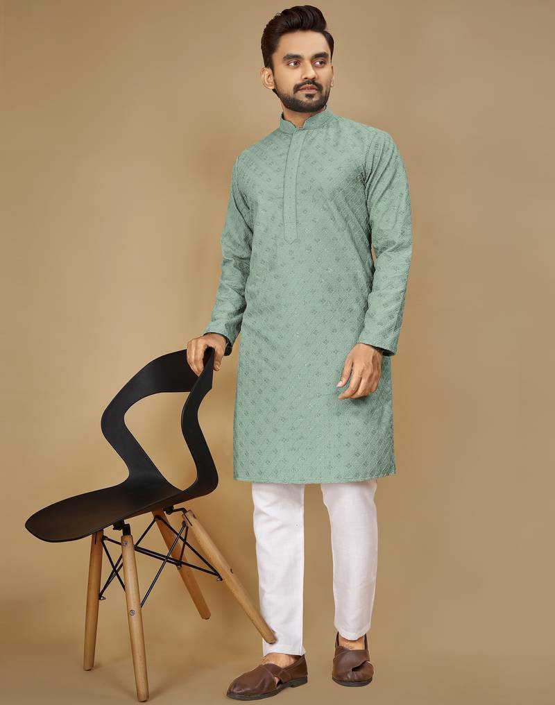 Sea green embroidered rayon straight kurta