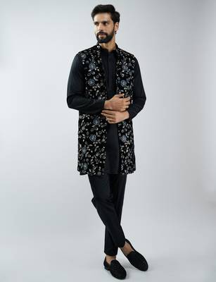 men black fine satin kurta set with velvet embroidered nehru jacket & pants  wedding & festive wear 1