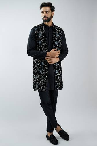 men black fine satin kurta set with velvet embroidered nehru jacket & pants  wedding & festive wear