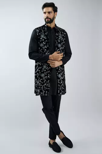men black fine satin kurta set with velvet embroidered nehru jacket & pants  wedding & festive wear
