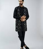 men black fine satin kurta set with velvet embroidered nehru jacket & pants  wedding & festive wear