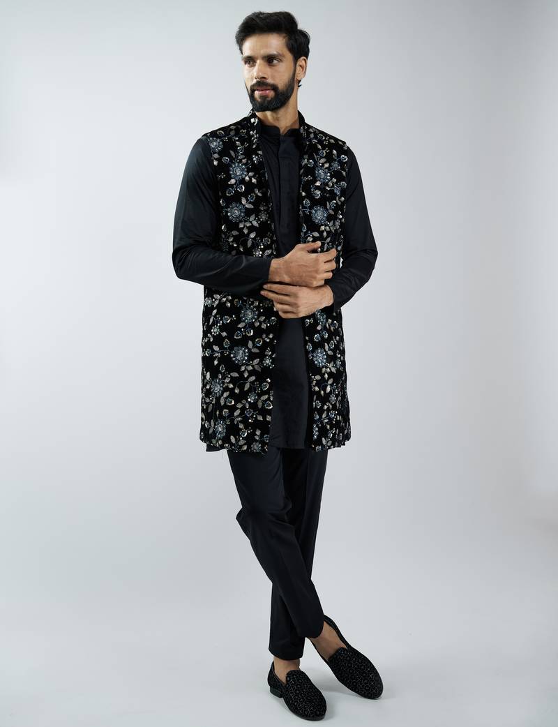 men black fine satin kurta set with velvet embroidered nehru jacket & pants  wedding & festive wear