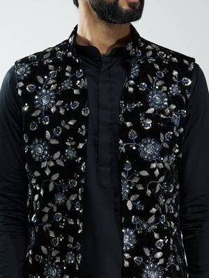 men black fine satin kurta set with velvet embroidered nehru jacket & pants  wedding & festive wear 2