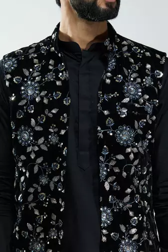 men black fine satin kurta set with velvet embroidered nehru jacket & pants  wedding & festive wear